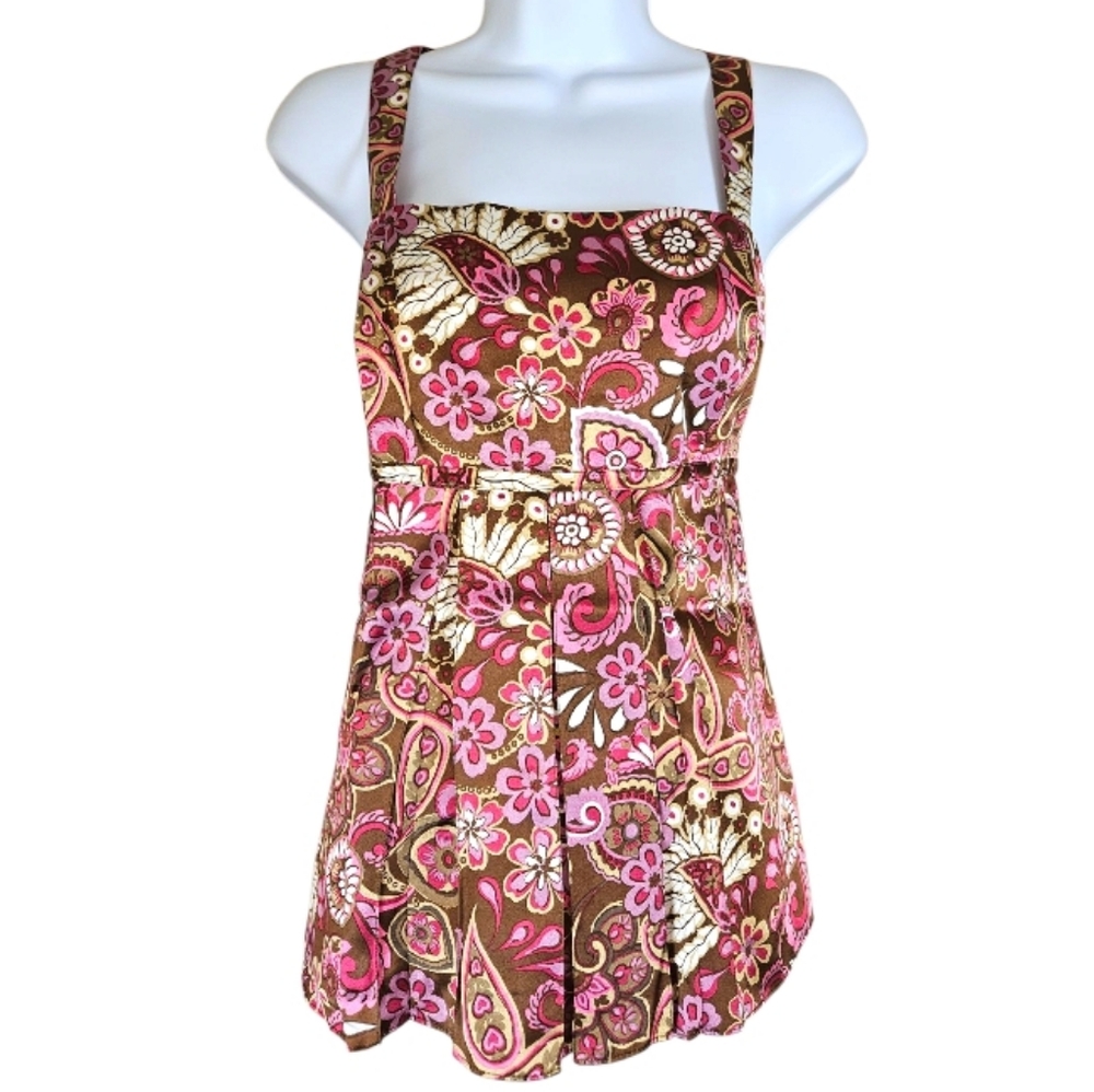 NWOT INC brown tan pink floral paisley silk tank top blouse Womens 12